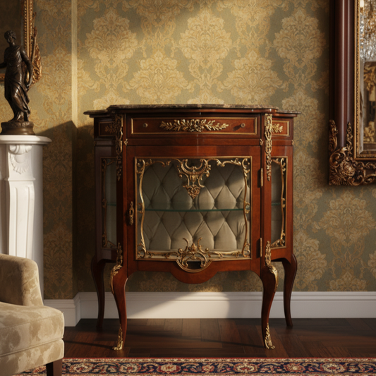Antique French Louis XV Style Vitrine Cabinet with Marble Top and Gilt Bronze Mounts