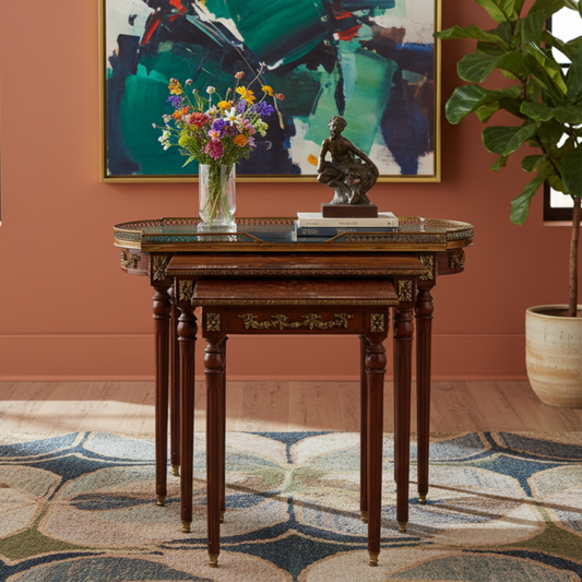 Elegant French Empire Style Nesting Tables with Marquetry and Ormolu Detailing