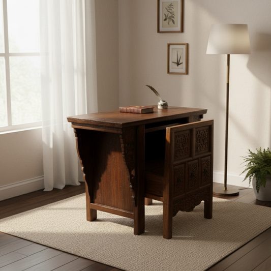 Antique Chinese Carved Wooden Desk with Hidden Chair
