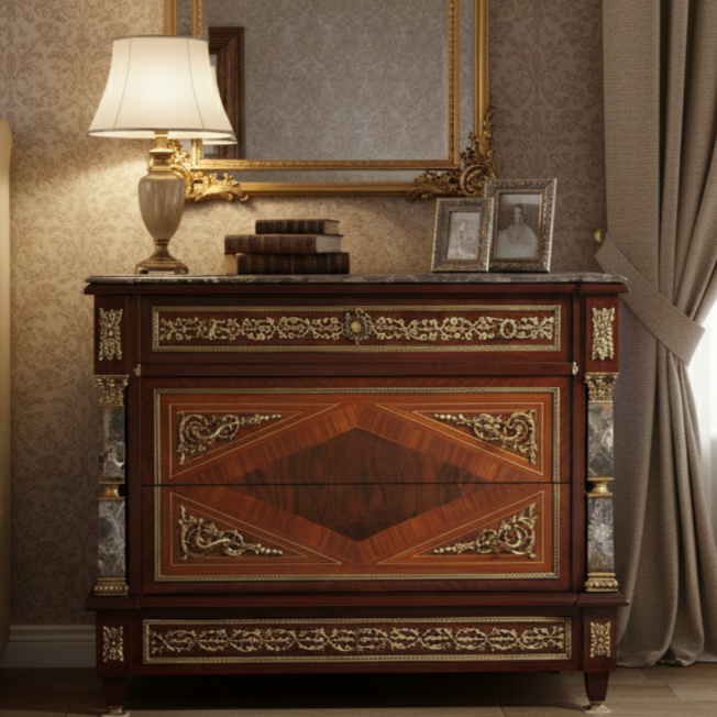 Luxurious Louis XVI Style Commode with Marble Top and Gilt Bronze Detailing