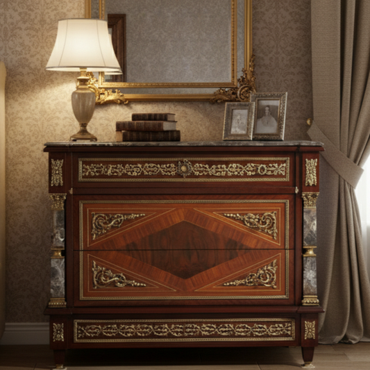 Luxurious Louis XVI Style Commode with Marble Top and Gilt Bronze Detailing