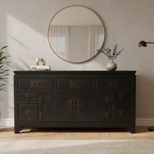 Antique Chinese Black Lacquer Cabinet with Brass Hardware