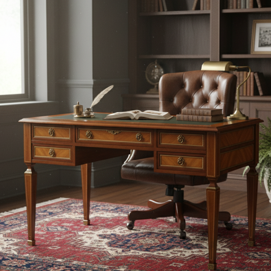 Antique Louis XVI Style Leather-Top Writing Desk with Brass Mounts